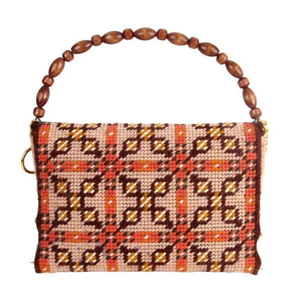 HANDMADE EMBROIDERED MULTICOLOR TAPESTRY WOOD HANDLE FLAP POCKETBOOK HANDBAG - Picture 4 of 14